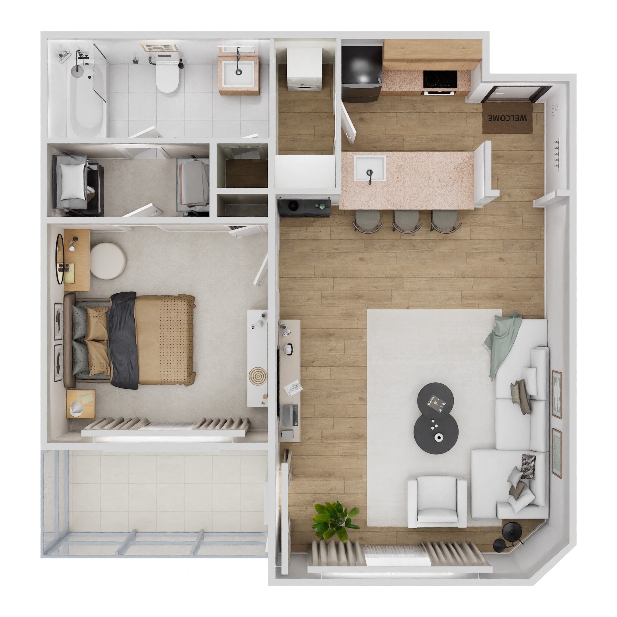 Floor plan for 1 bed, 1 bath, 667 sqft